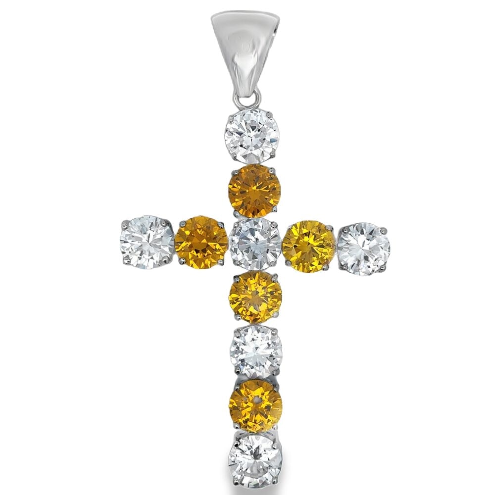 15MM Tennis Cross Canary & White CZ Iced Out Pendant HipHopBling