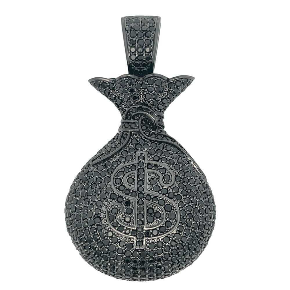 3D Money Bag Black on Black CZ Iced Out Pendant HipHopBling