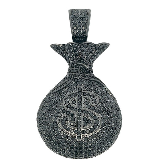 3D Money Bag Black on Black CZ Iced Out Pendant HipHopBling