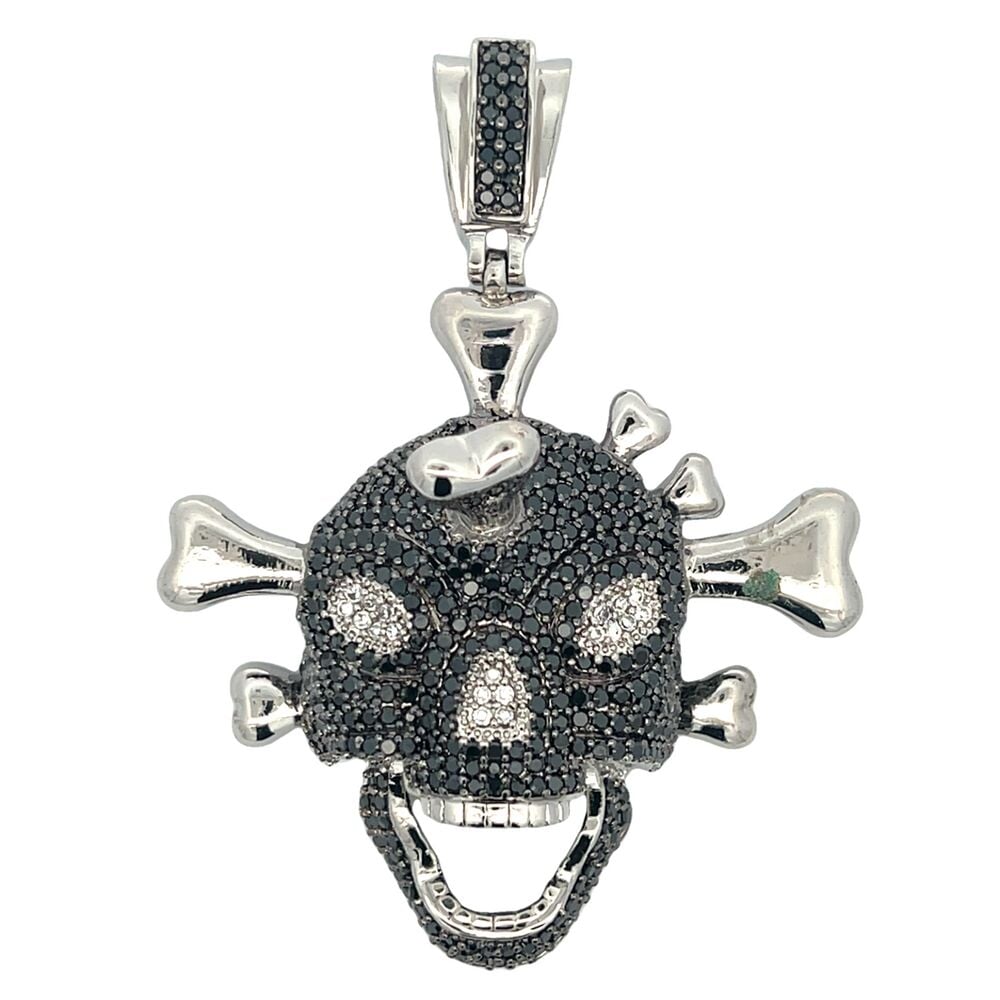 3D Skull & Bones Black CZ Iced Out Pendant HipHopBling