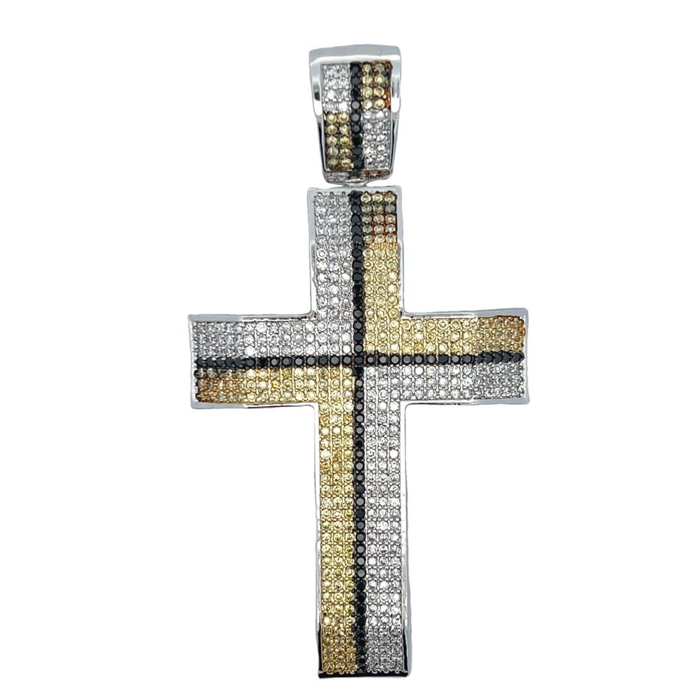 7 Row Blocked White Black & Yellow CZ Cross Iced Out Pendant Rhodium HipHopBling