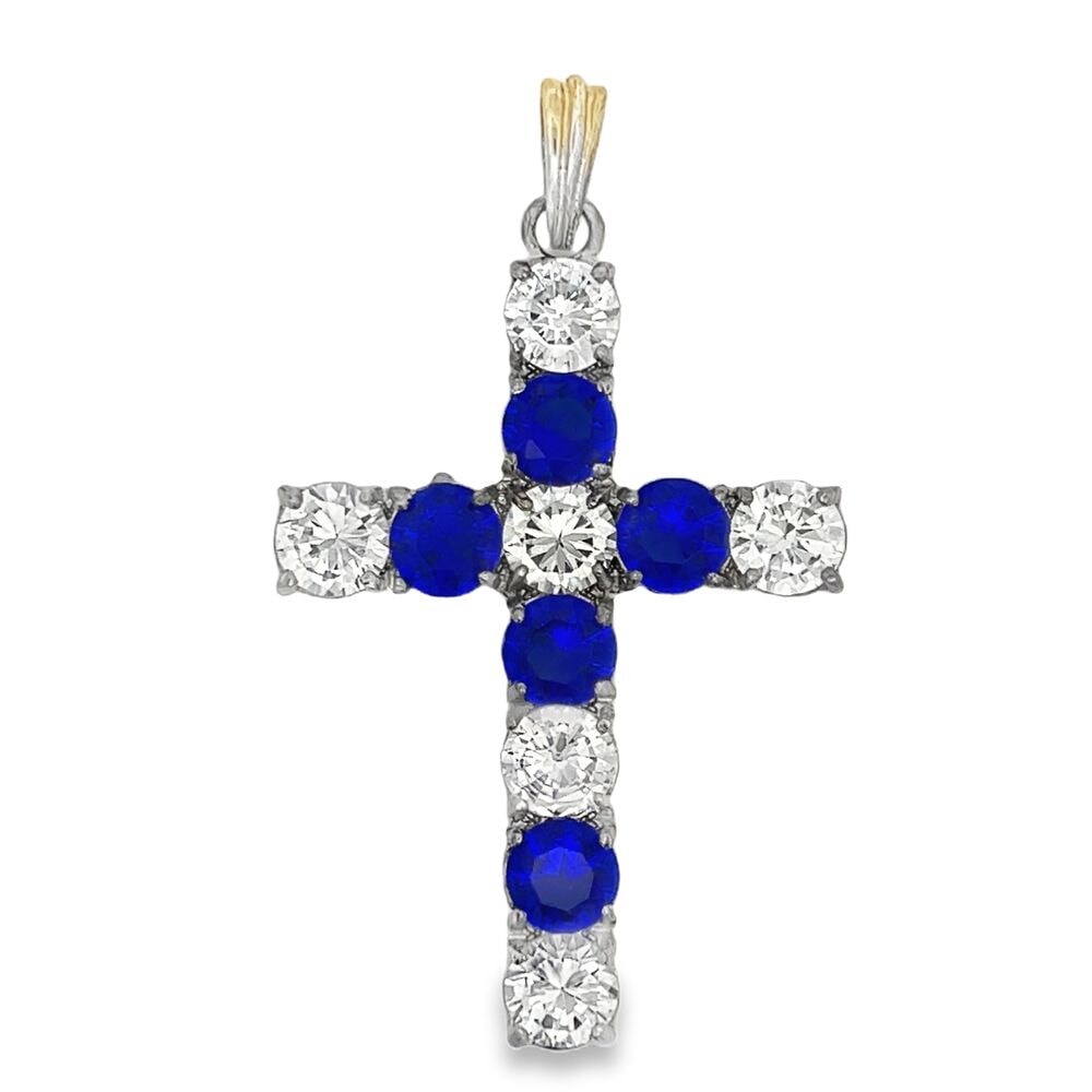 8MM Tennis Cross Blue & White CZ Iced Out Pendant HipHopBling