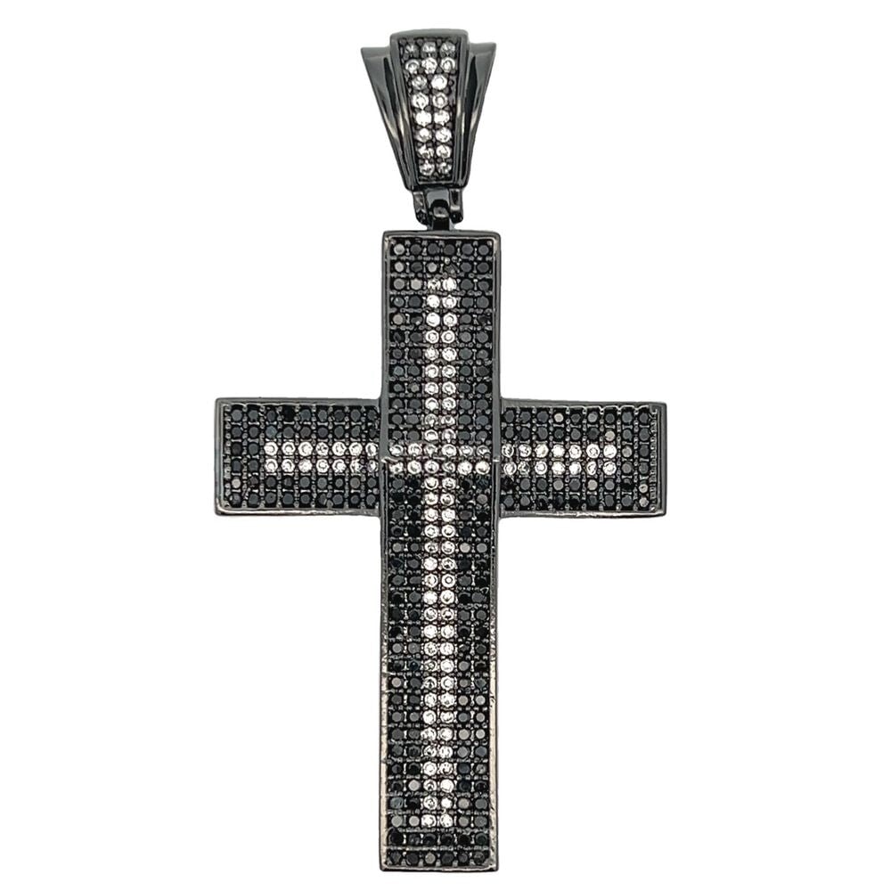 All Black White Center CZ Iced Out Cross Pendant HipHopBling