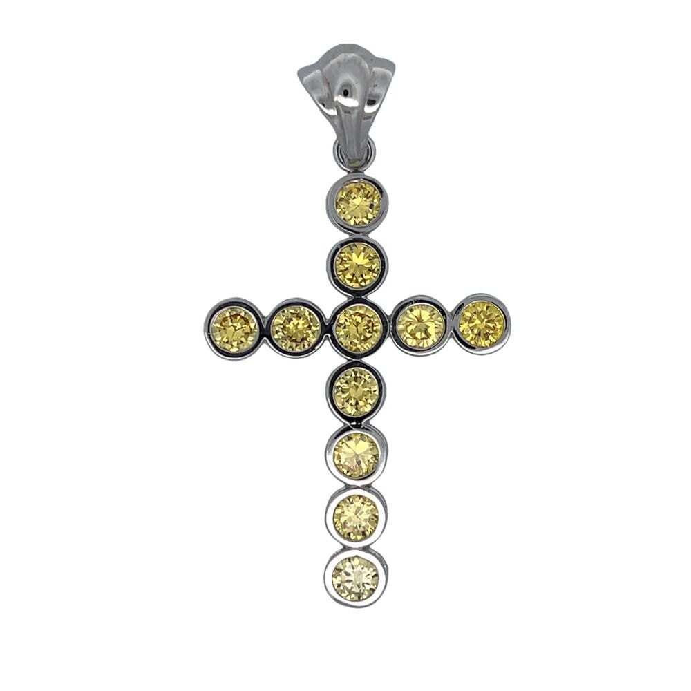 Bezel Set Tennis Cross Canary 6MM CZ Iced Out Pendant HipHopBling