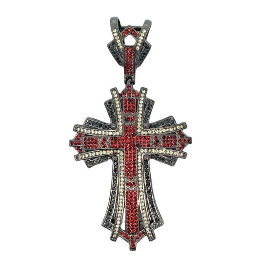 Black Baller Red Black & White CZ Cross Iced Out Pendant HipHopBling