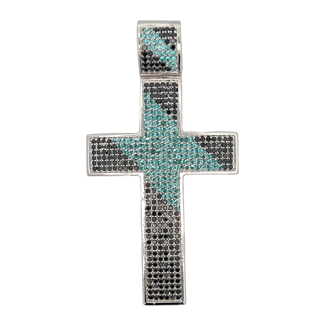 Black & Blue CZ Cross Iced Out Pendant HipHopBling