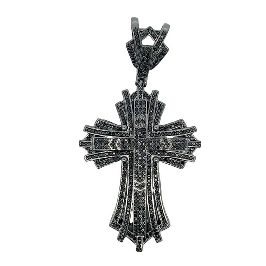 Black on Black Stringy Cross CZ Iced Out Pendant HipHopBling