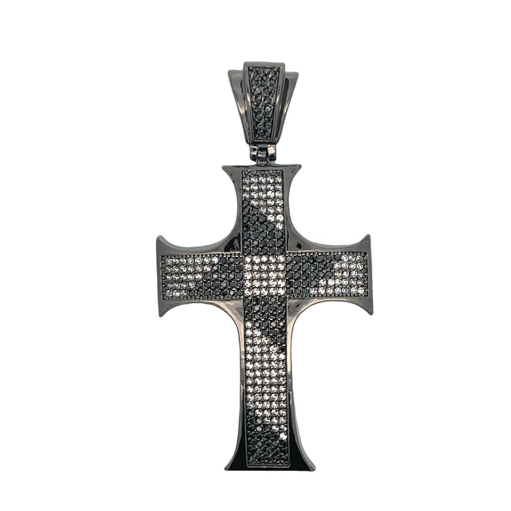 Black Pointy Edges Black White CZ Cross Iced Out Pendant HipHopBling