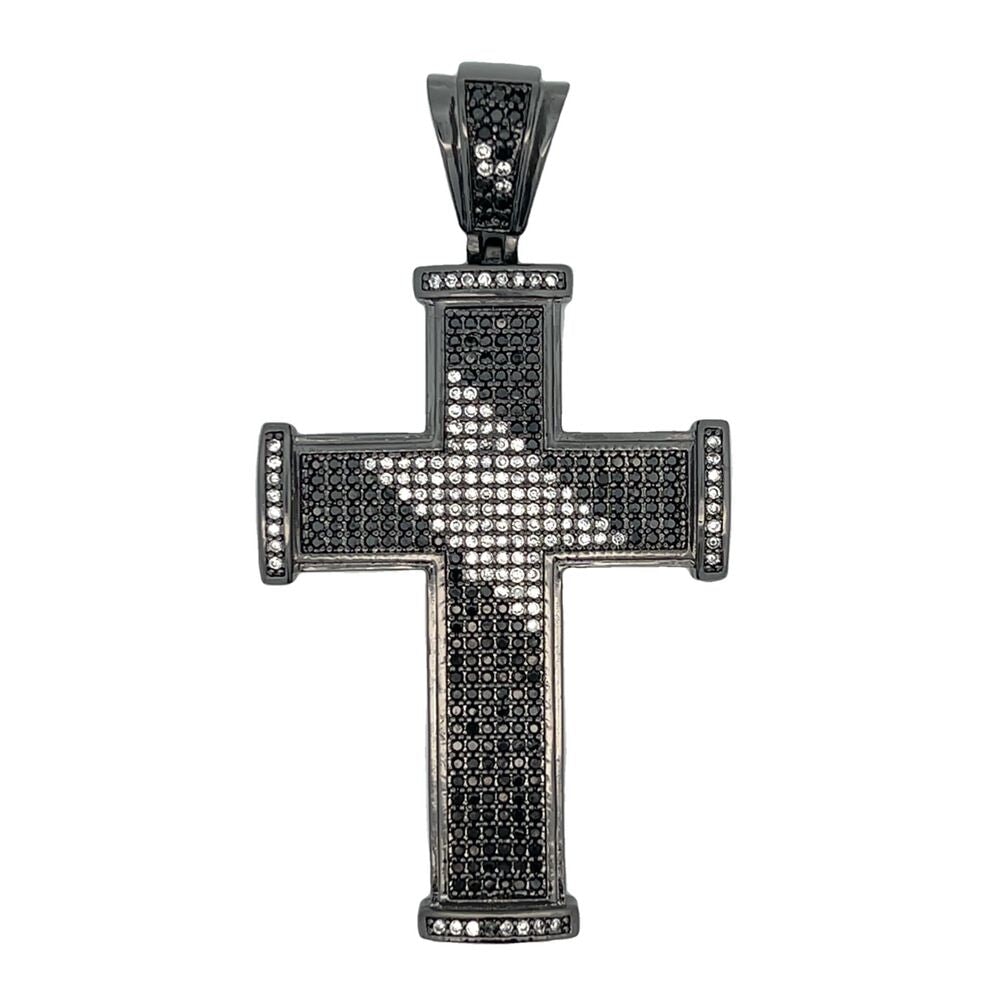 Black Stripe Cross White & Black CZ Iced Out Pendant HipHopBling