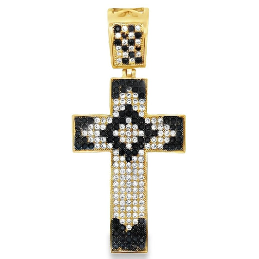 Black & White Pattern CZ Iced Out Gold Cross Pendant HipHopBling