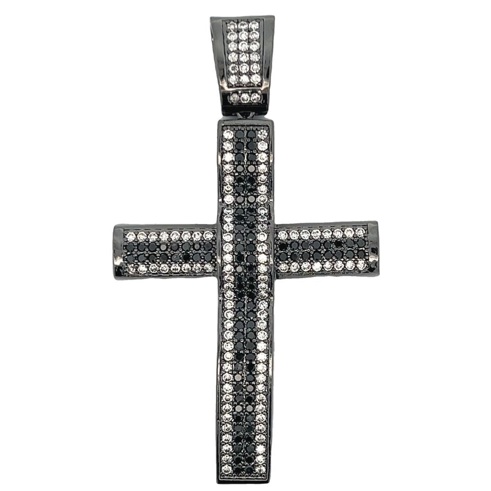 Black & White Stripe Black Cross CZ Iced Out Pendant HipHopBling