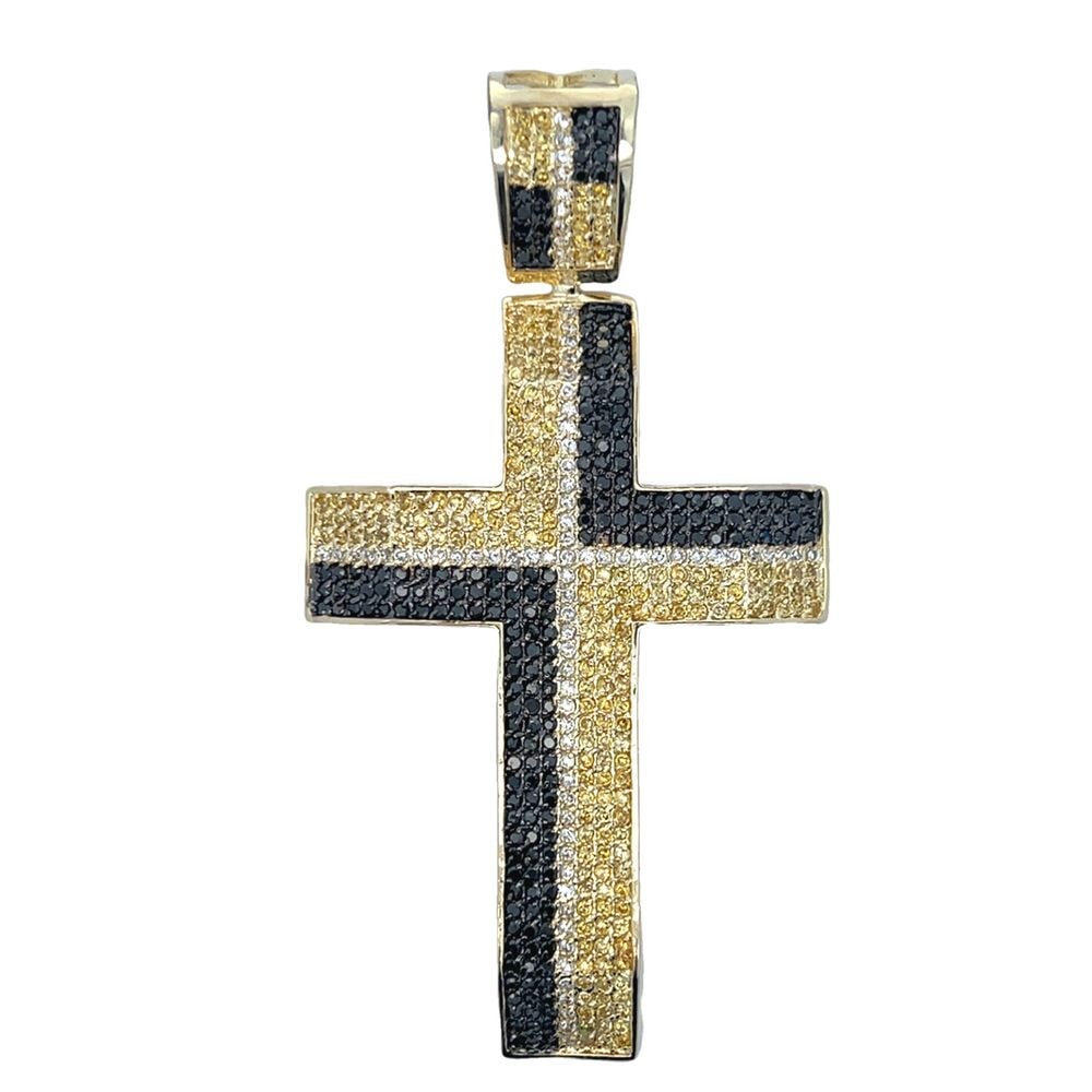 Block White Black & Yellow CZ Cross Iced Out Pendant HipHopBling