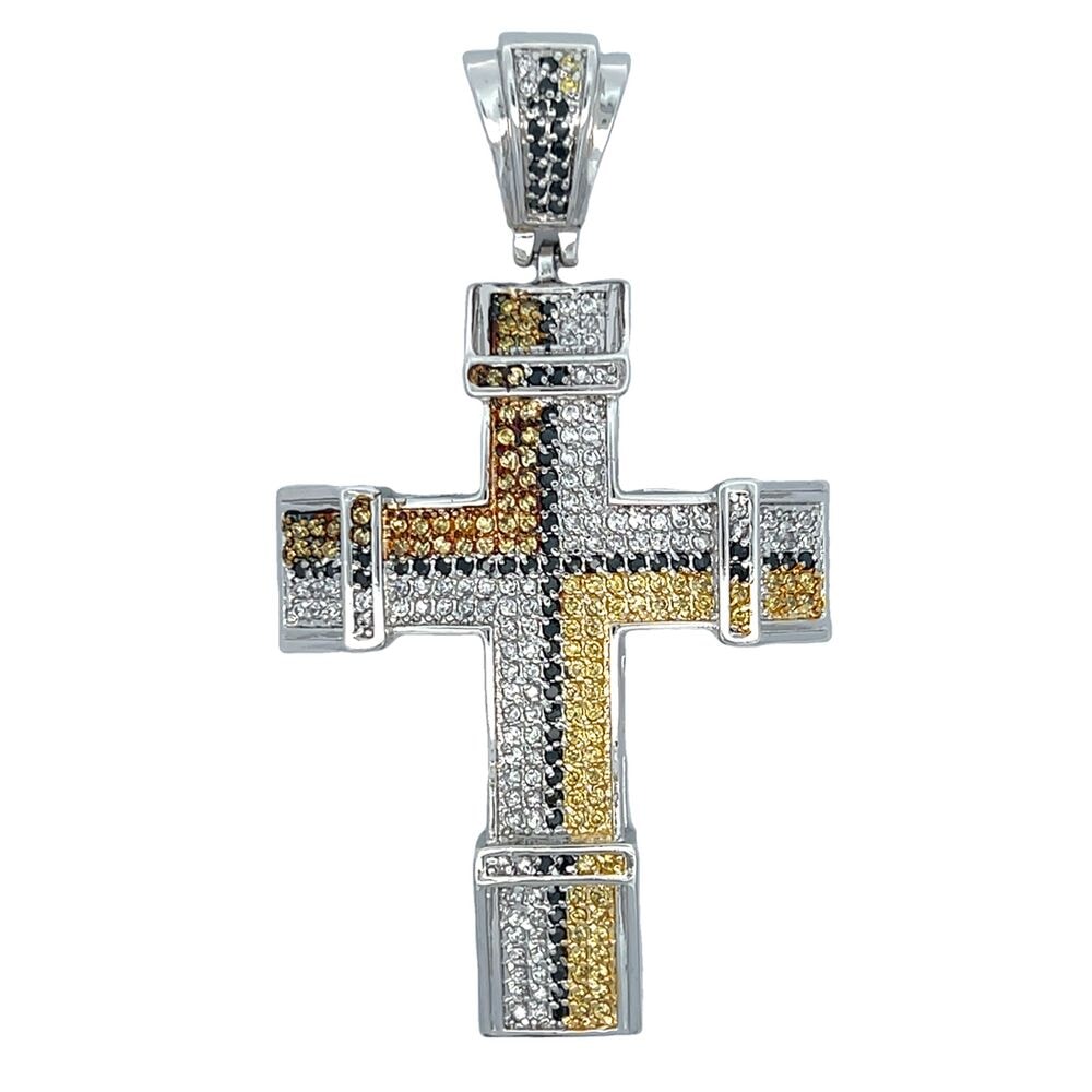 Chunky Black & Yellow White CZ Cross Iced Out Pendant HipHopBling