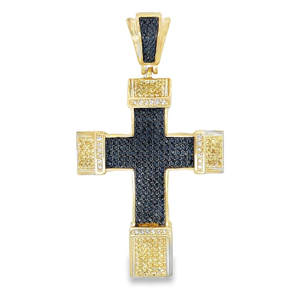 Chunky Gold Black & Yellow CZ Cross Iced Out Pendant HipHopBling