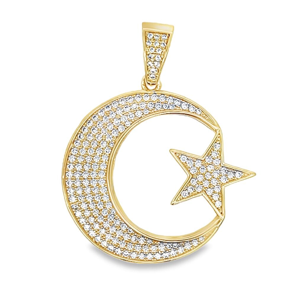 Crescent Moon Star Gold CZ Iced Out Pendant HipHopBling