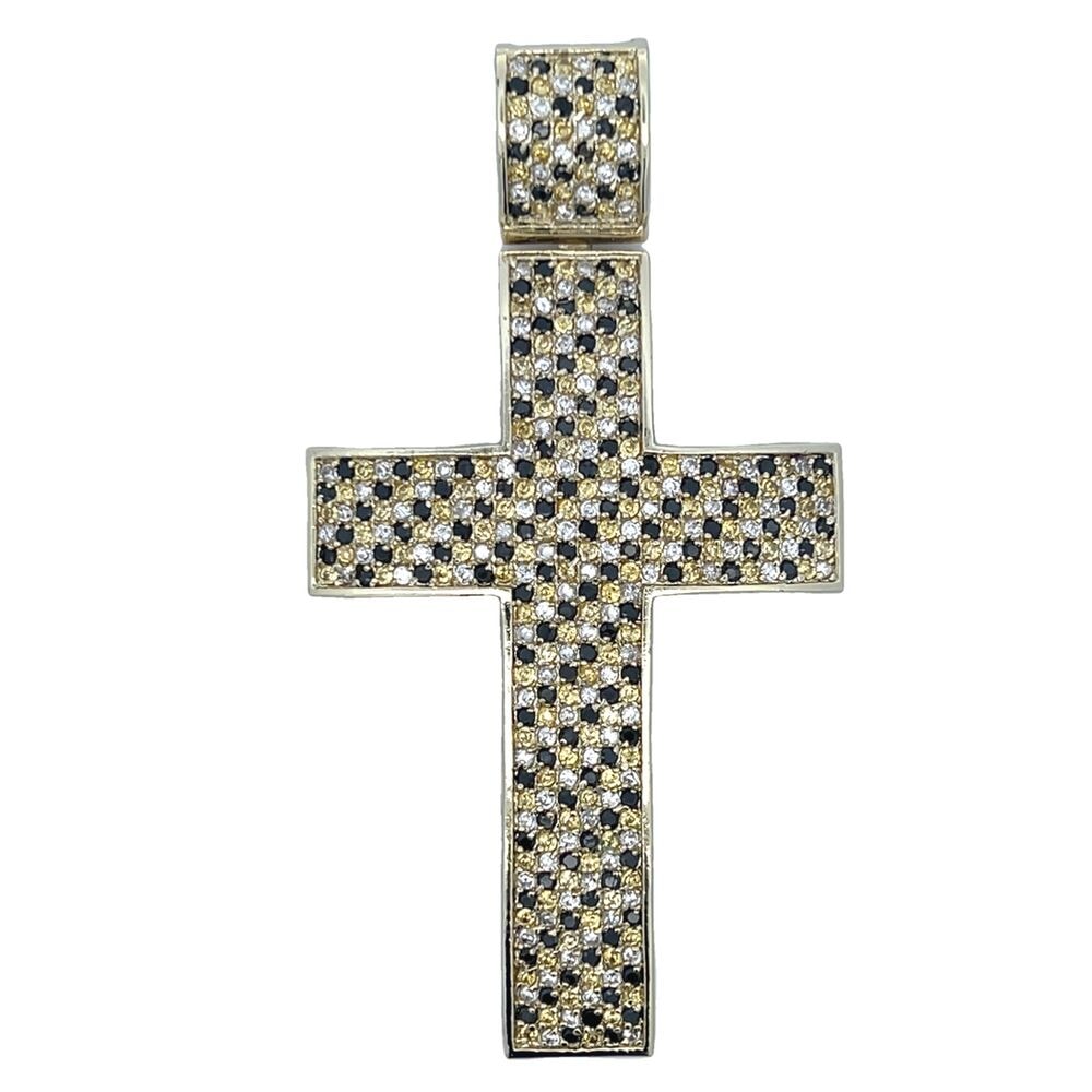 Diagonal White & Black & Yellow CZ Cross Iced Out Pendant HipHopBling