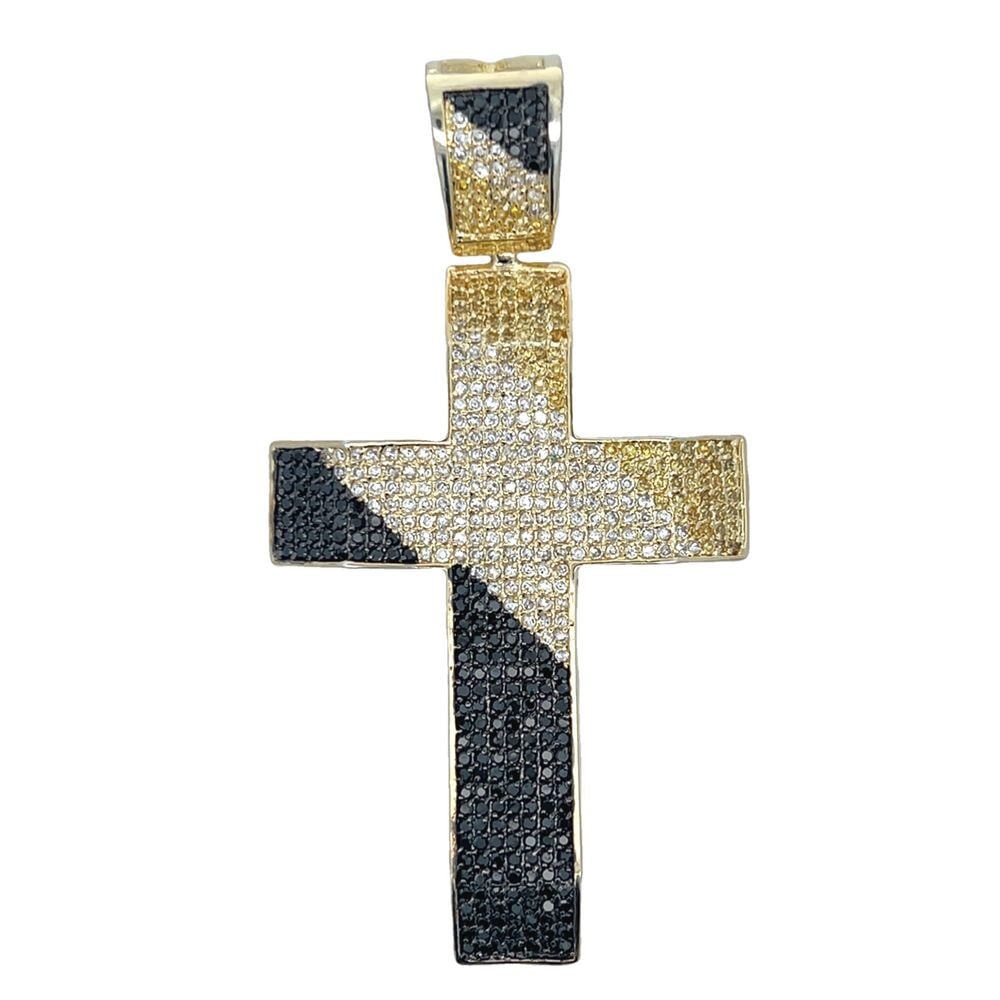 Diagonal White Black & Yellow CZ Cross Iced Out Pendant HipHopBling