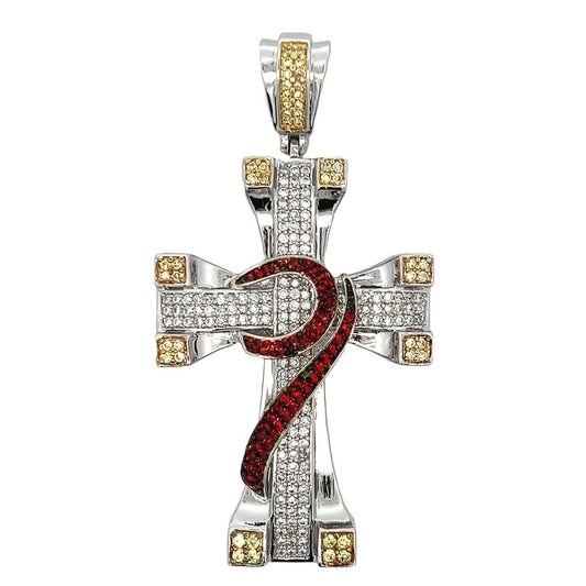 Dimensional Red & Yellow CZ Iced Out Cross Pendant HipHopBling