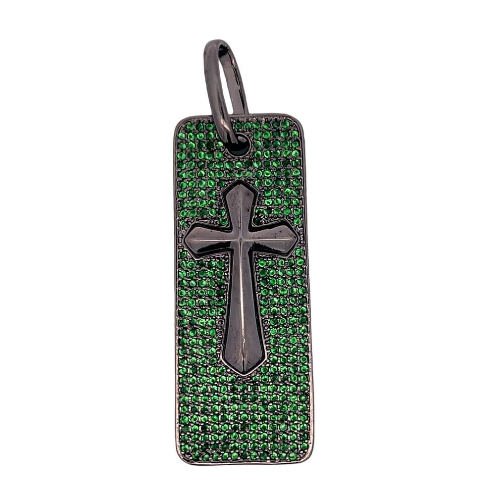 Dog Tag Cross Green CZ Iced Out Pendant HipHopBling