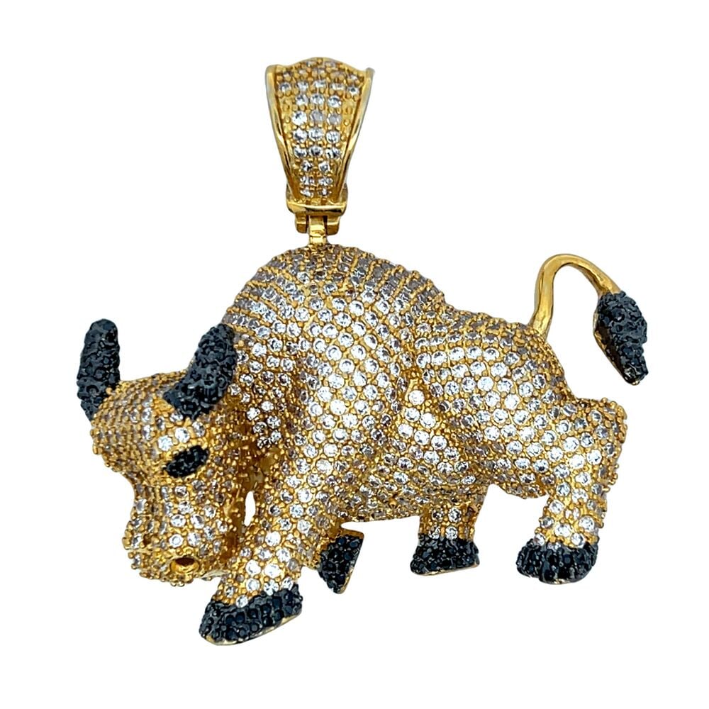 Gold 3D Bull Black & White CZ Iced Out Pendant HipHopBling