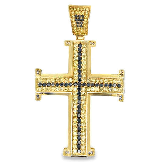 Gold Black & Yellow CZ Iced Out Cross Potent Pendant HipHopBling