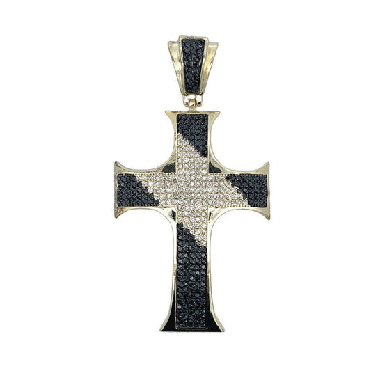 Gold Pointy Edges Diagonal Black White CZ Cross Iced Out Pendant HipHopBling