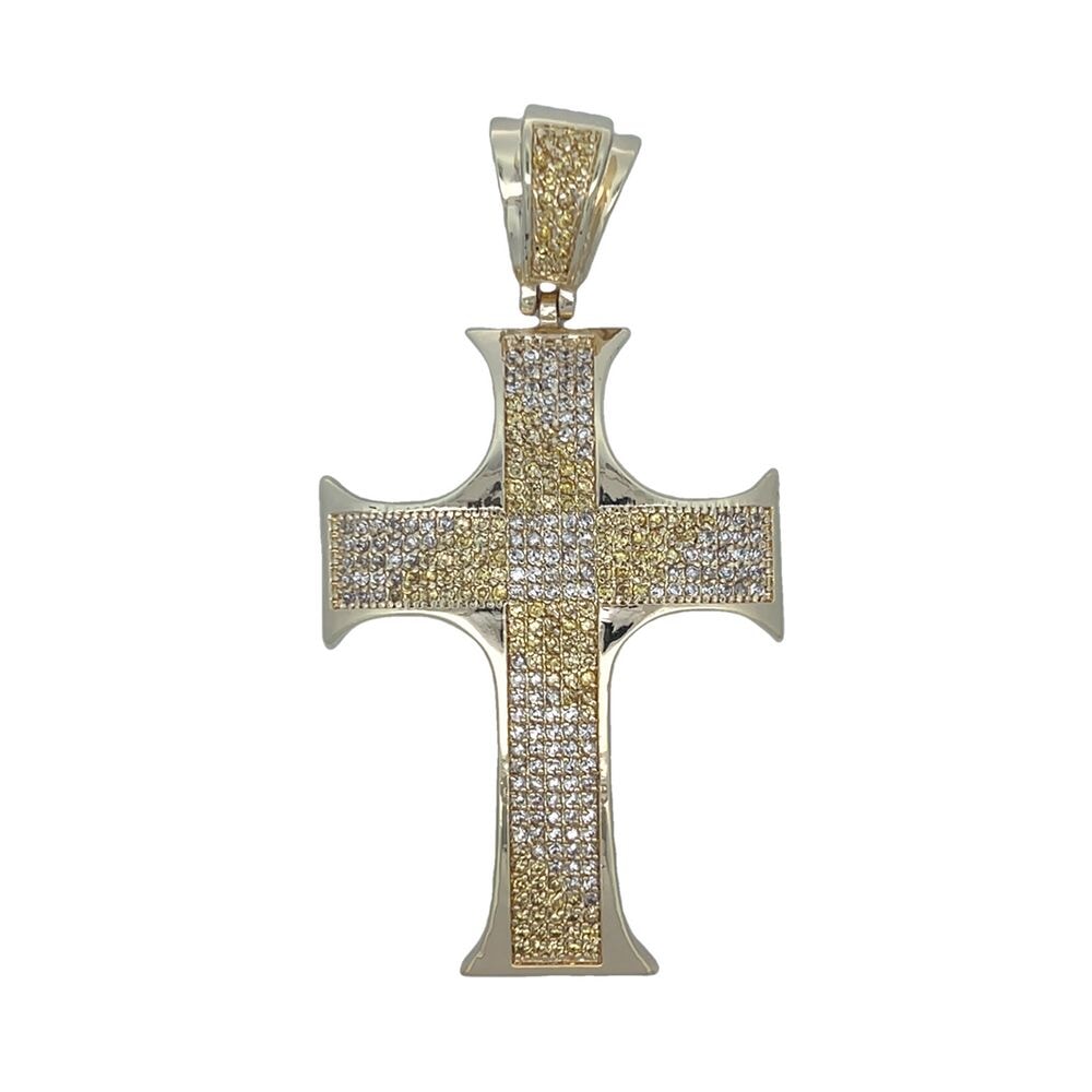 Gold Pointy Edges Yellow White CZ Cross Iced Out Pendant HipHopBling