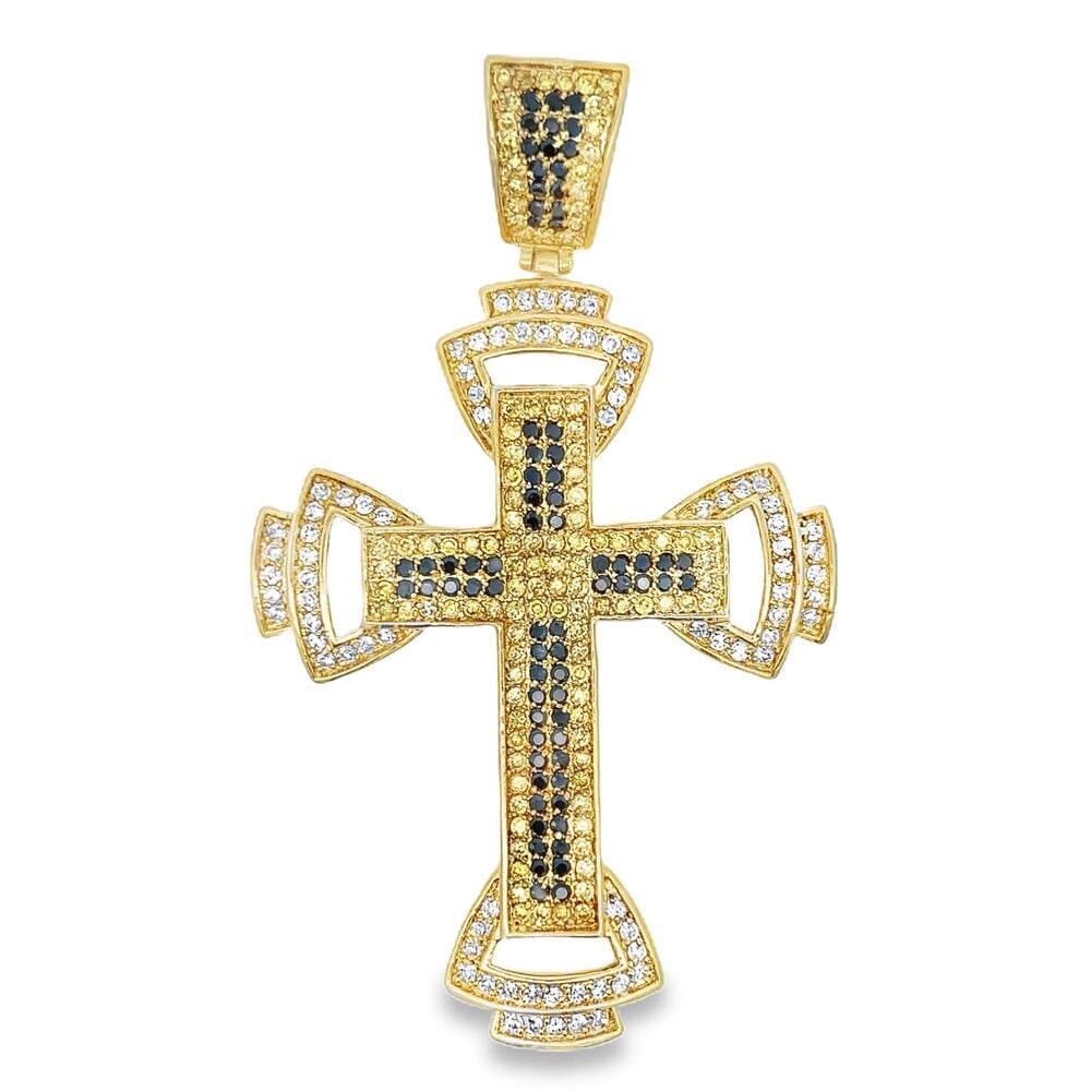 Intricate Black & Yellow CZ Cross Iced Out Pendant HipHopBling