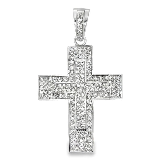 Layered Double Cross CZ Iced Out Pendant HipHopBling