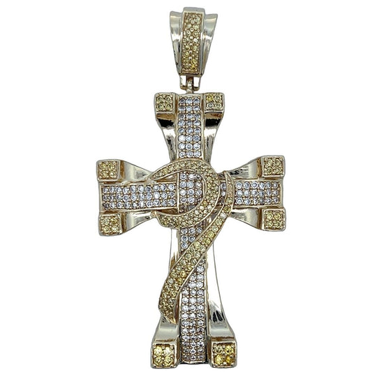 Ribbon Block Cross Yellow & White CZ Iced Out Pendant HipHopBling