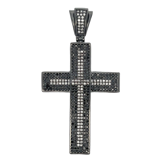 Striped Black & White CZ Cross Iced Out Pendant HipHopBling