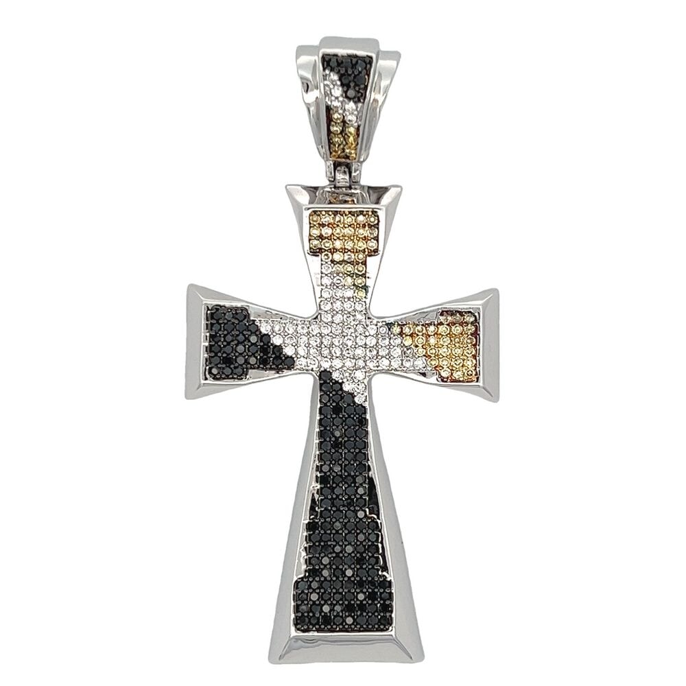 Tapered Cross Diagonal White Black & Yellow CZ Iced Out Pendant HipHopBling