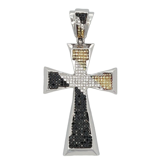 Tapered Cross Diagonal White Black & Yellow CZ Iced Out Pendant HipHopBling