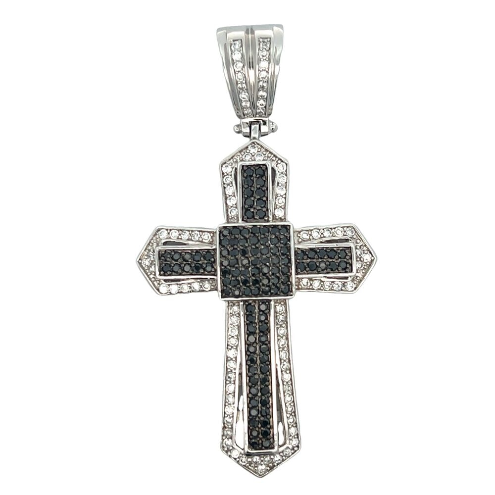 Thick Pointed Cross Black & White CZ Iced Out Pendant HipHopBling