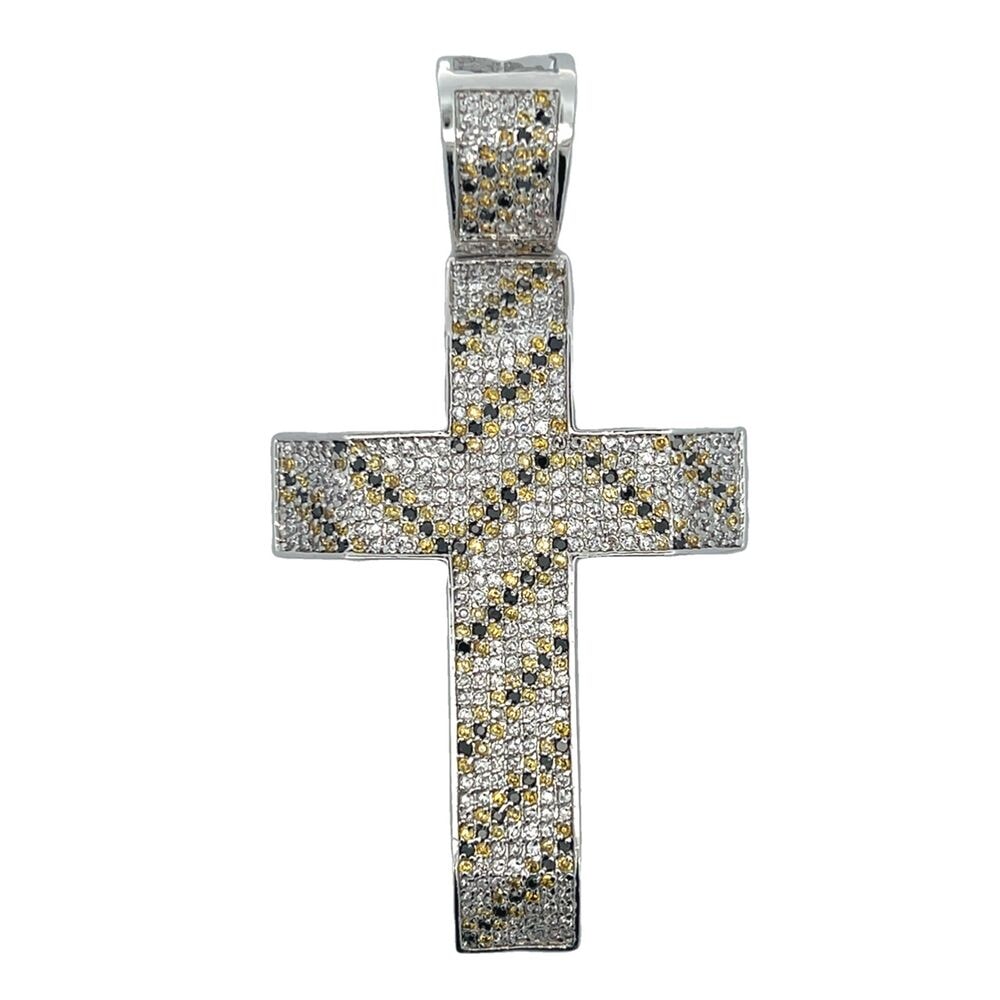 Tiger Stripe White Black & Yellow CZ Cross Iced Out Pendant HipHopBling