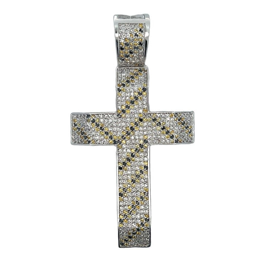 Tiger Stripe White Black & Yellow CZ Cross Iced Out Pendant HipHopBling