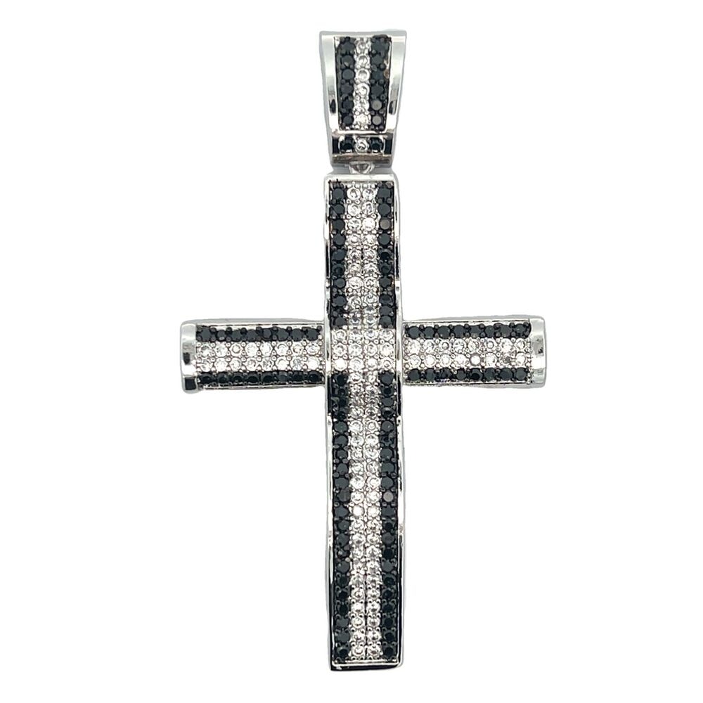 Wavy Cross Black & White CZ Iced Out Pendant HipHopBling