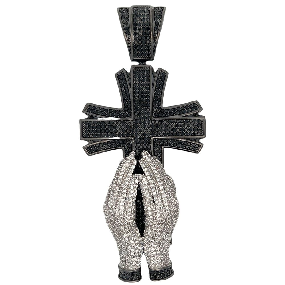 XL White Praying Hands 3D Black CZ Iced Out Pendant HipHopBling