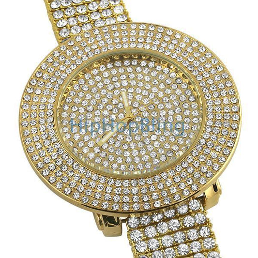 Custom Gold Totally Iced Out Watch & 6 Row Band