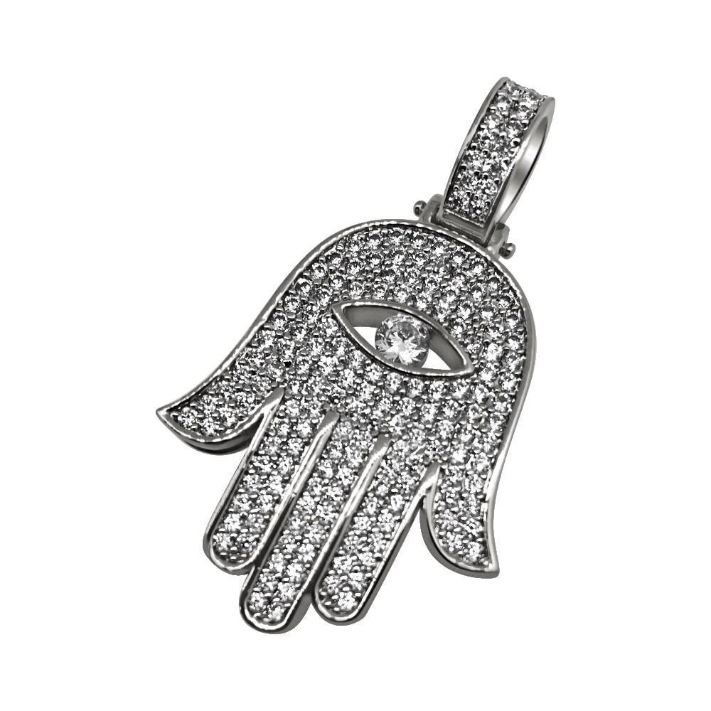 Hamsa Eye CZ Rhodium Bling Bling Pendant