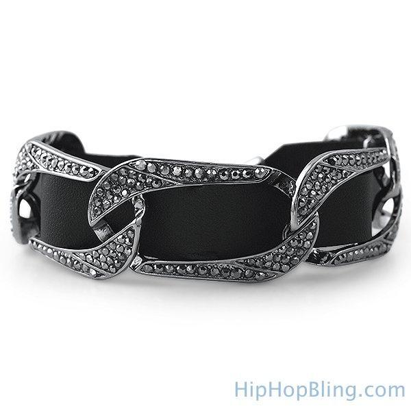 Black Leather Cuban Bling Bling Bracelet