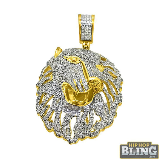 10K Gold 3D Lion Head Pendant 1.40 Carat Diamonds