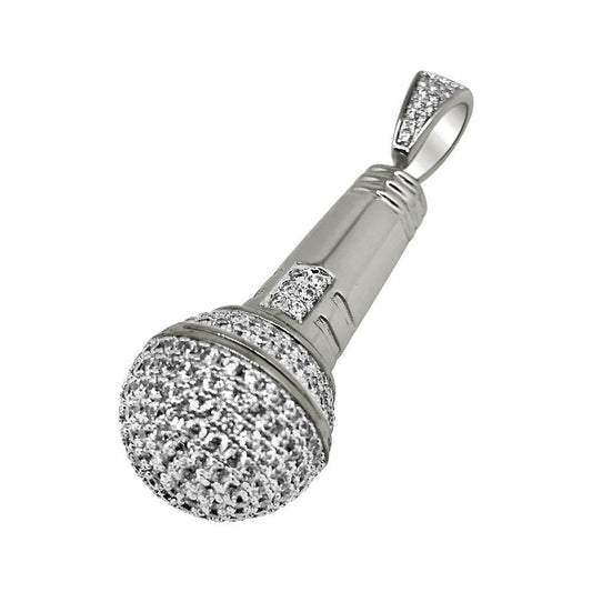 .925 Silver Microphone Hip Hop 3D CZ Rhodium Bling Pendant