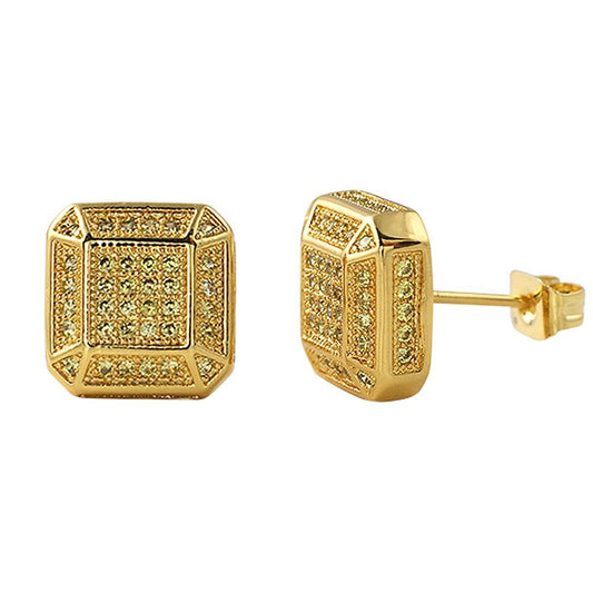 3D Smooth Box Lemonade CZ Micro Pave Bling Earrings