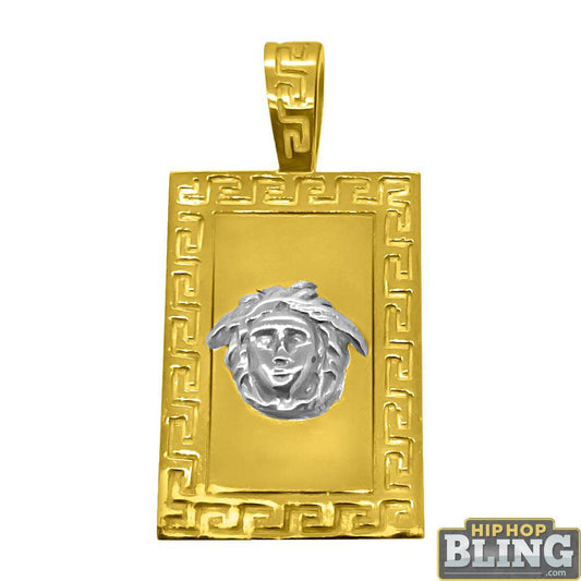 10K Gold Medusa Block Pendant with Greek Border