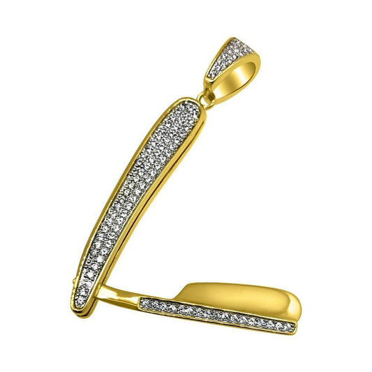 .925 Silver Gold Barber Razor CZ Bling Bling Pendant (Free 36 Inch Bead Chain)