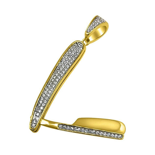 Gold Barber Razor CZ Bling Bling Pendant