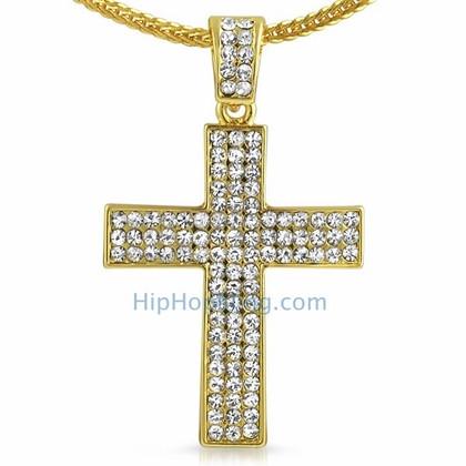 3 Row Cross Gold Bling Bling Chain Small