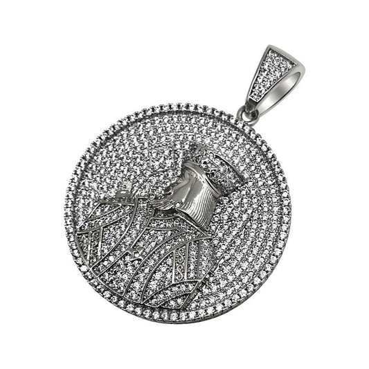 .925 Silver Rhodium King Profile Circle CZ Bling Bling Pendant