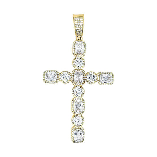 .925 Silver Emerald and Round Cut CZ Gold Cross